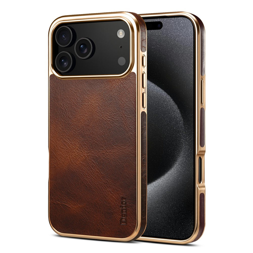 DENIOR A01 For iPhone 17 Pro Max Case Waxy Texture Genuine Cow Leather Electroplating Back Cover - Brown