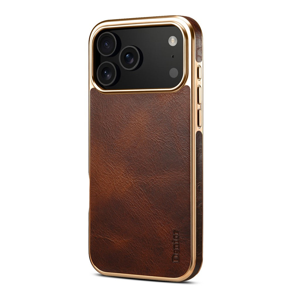 DENIOR A01 For iPhone 17 Pro Max Case Waxy Texture Genuine Cow Leather Electroplating Back Cover - Brown