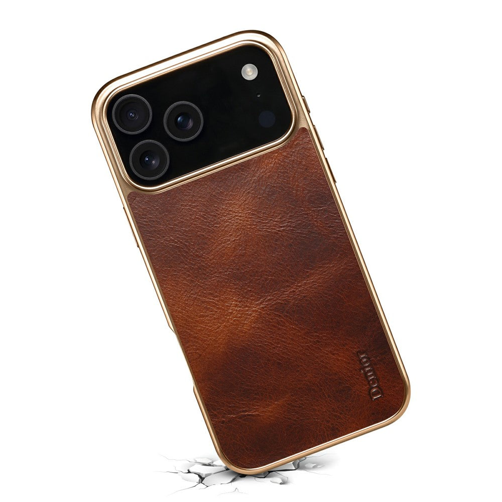 DENIOR A01 For iPhone 17 Pro Max Case Waxy Texture Genuine Cow Leather Electroplating Back Cover - Brown