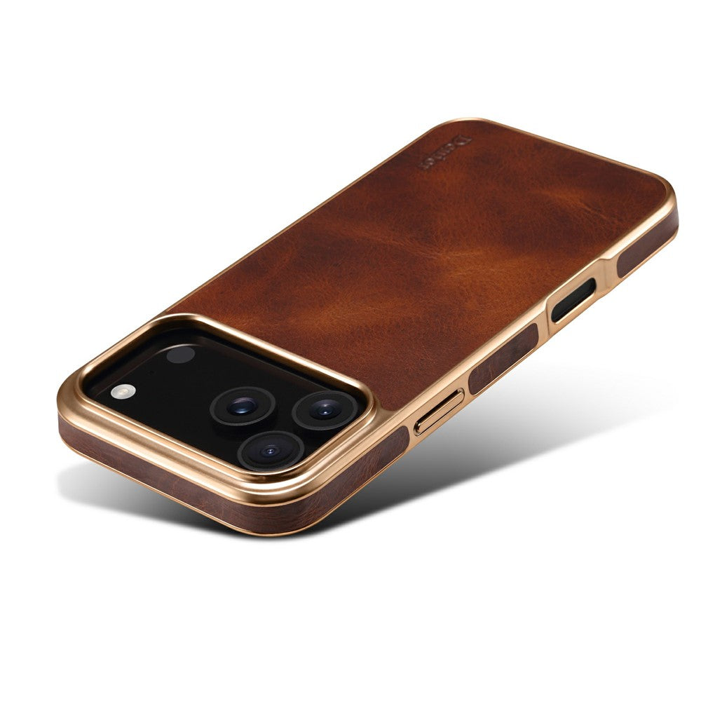 DENIOR A01 For iPhone 17 Pro Max Case Waxy Texture Genuine Cow Leather Electroplating Back Cover - Brown