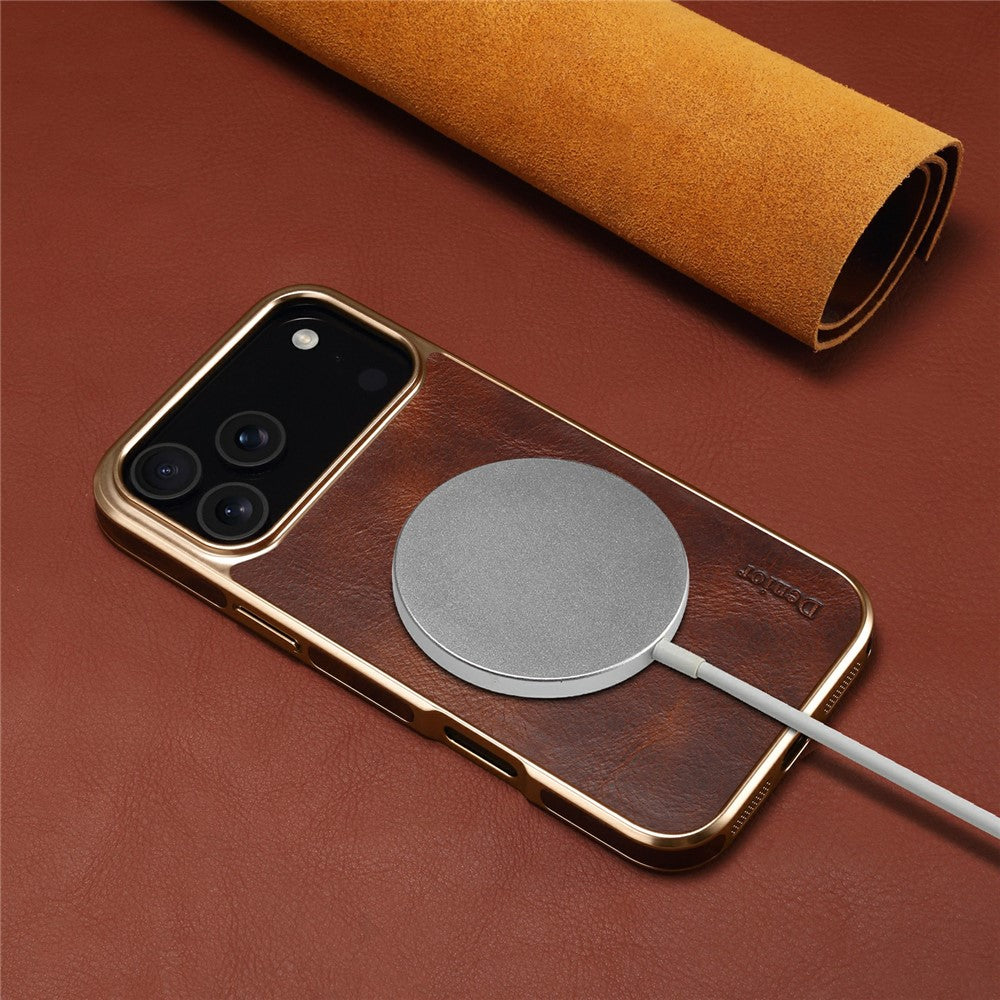 DENIOR A01 For iPhone 17 Pro Max Case Waxy Texture Genuine Cow Leather Electroplating Back Cover - Brown