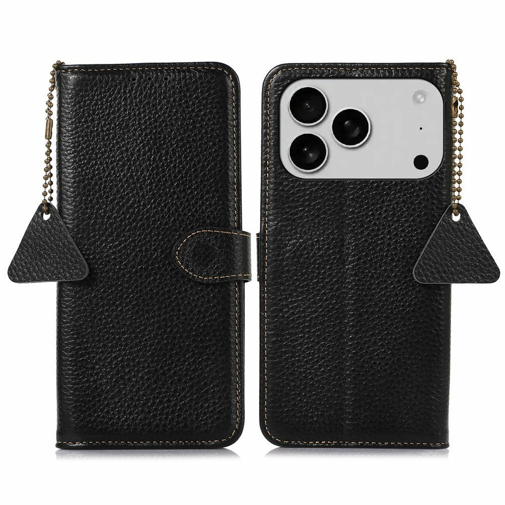 For iPhone 17 Pro Max Case RFID Blocking Genuine Cow Leather Phone Cover Litchi Texture - Black