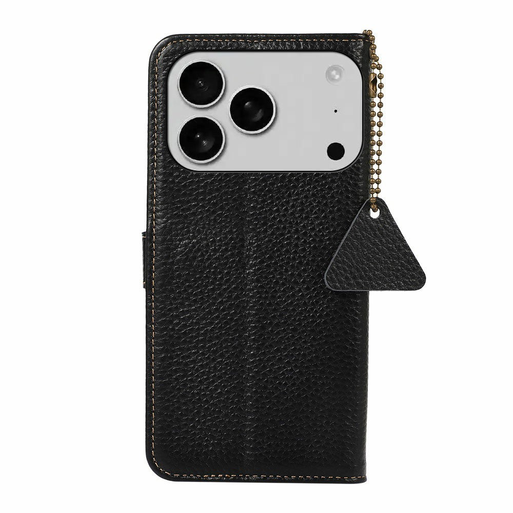 For iPhone 17 Pro Max Case RFID Blocking Genuine Cow Leather Phone Cover Litchi Texture - Black