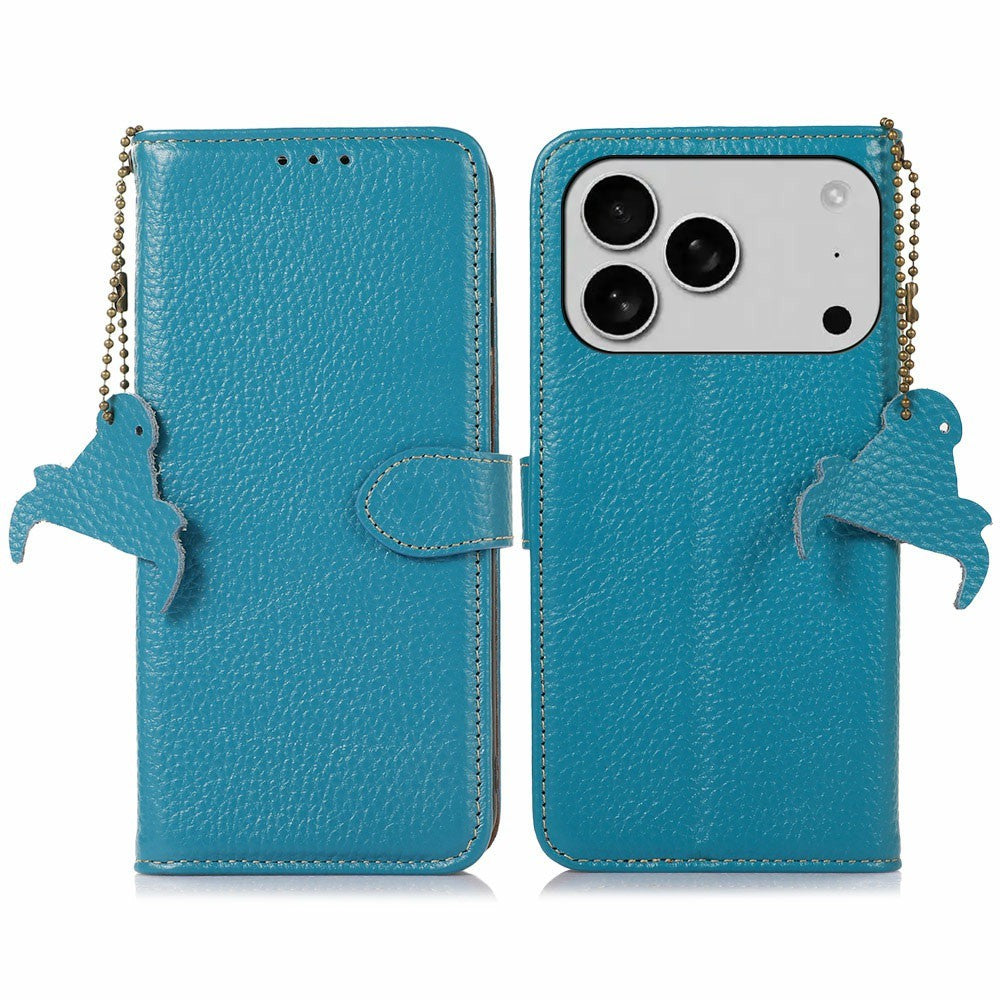 For iPhone 17 Pro Max Case RFID Blocking Genuine Cow Leather Phone Cover Litchi Texture - Blue