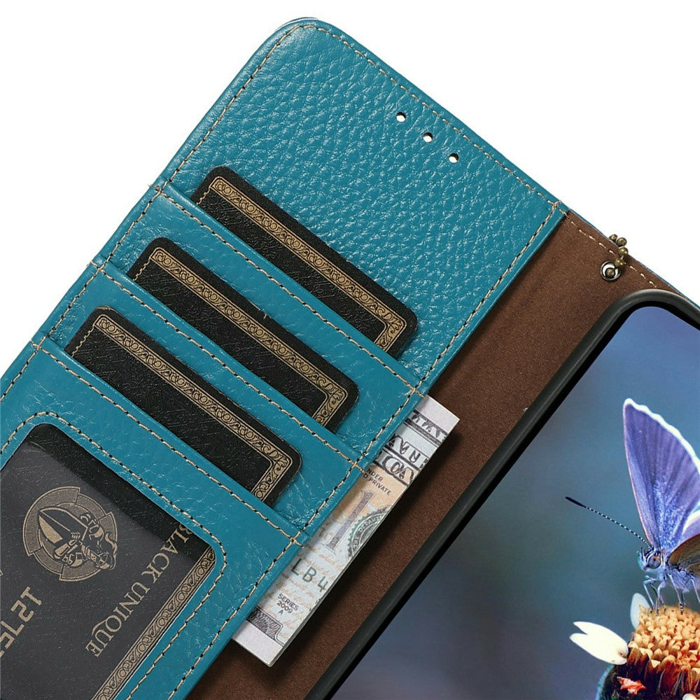 For iPhone 17 Pro Max Case RFID Blocking Genuine Cow Leather Phone Cover Litchi Texture - Blue