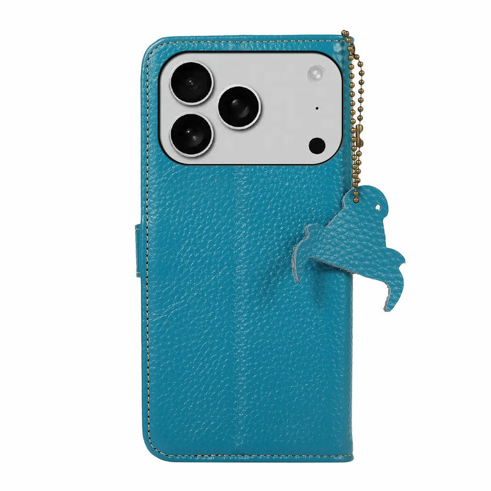 For iPhone 17 Pro Max Case RFID Blocking Genuine Cow Leather Phone Cover Litchi Texture - Blue