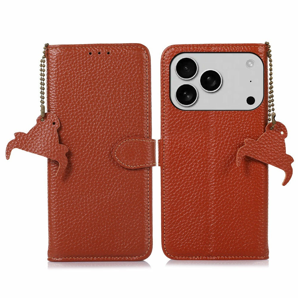 For iPhone 17 Pro Max Case RFID Blocking Genuine Cow Leather Phone Cover Litchi Texture - Brown