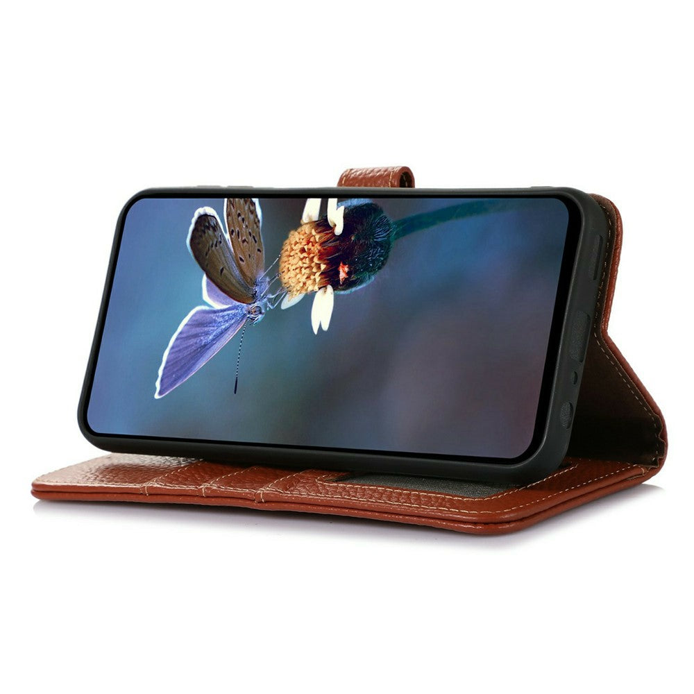 For iPhone 17 Pro Max Case RFID Blocking Genuine Cow Leather Phone Cover Litchi Texture - Brown