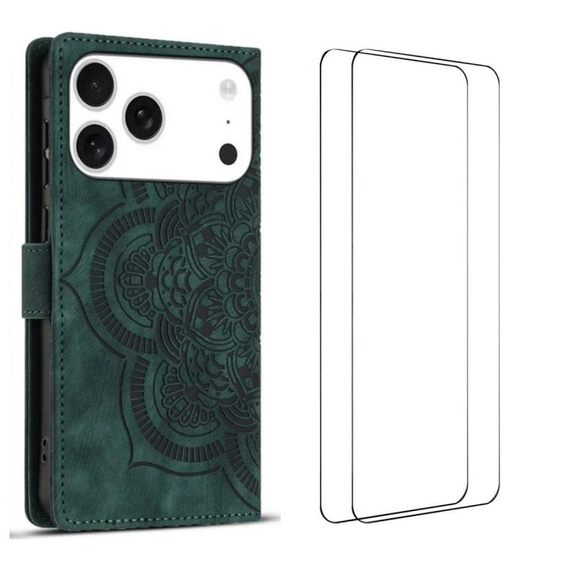 For iPhone 17 Pro Max Case with 2Pcs Tempered Glass WANLONFENG MTL Series Mandala Leather Phone Cover - Midnight Green