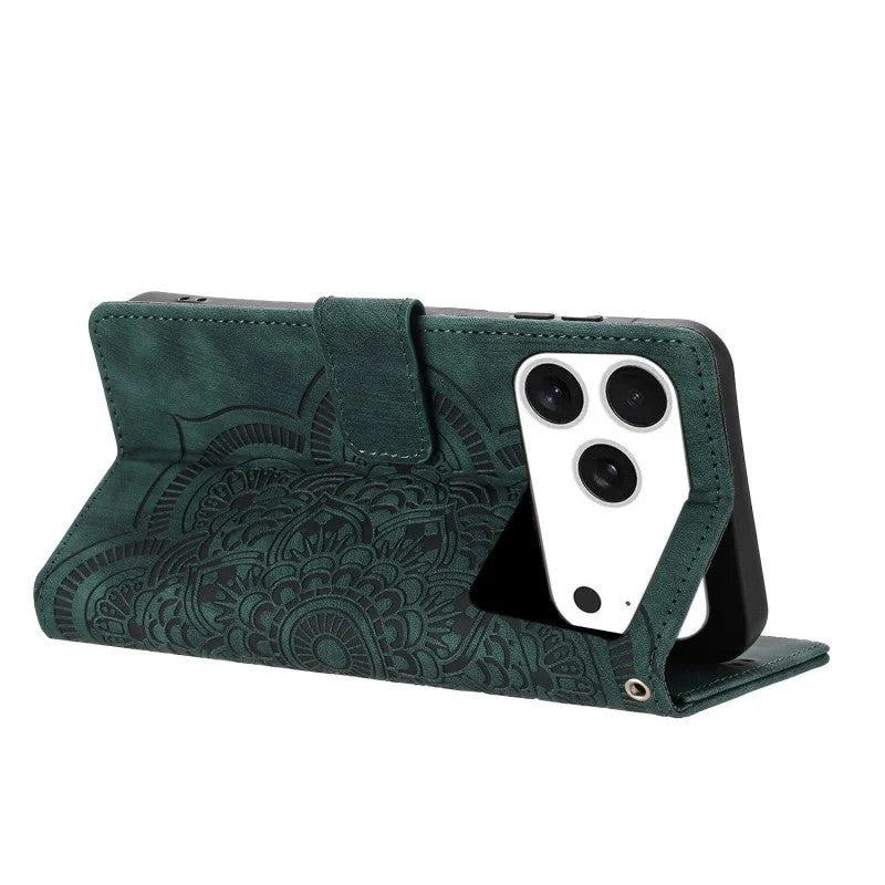 For iPhone 17 Pro Max Case with 2Pcs Tempered Glass WANLONFENG MTL Series Mandala Leather Phone Cover - Midnight Green