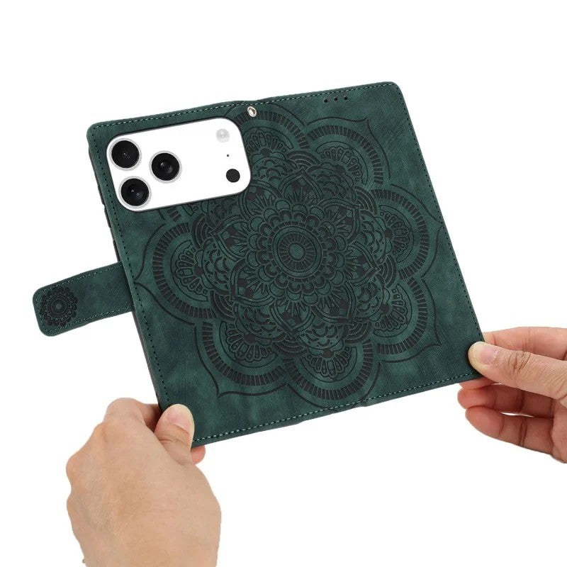 For iPhone 17 Pro Max Case with 2Pcs Tempered Glass WANLONFENG MTL Series Mandala Leather Phone Cover - Midnight Green