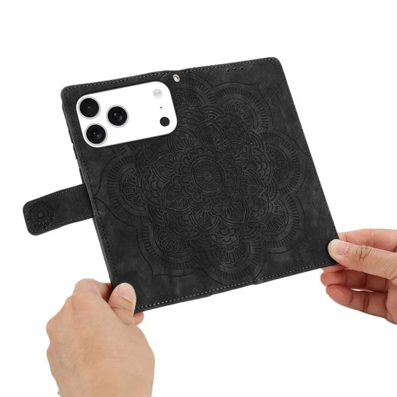 For iPhone 17 Pro Max Case with 2Pcs Tempered Glass WANLONFENG MTL Series Mandala Leather Phone Cover - Black