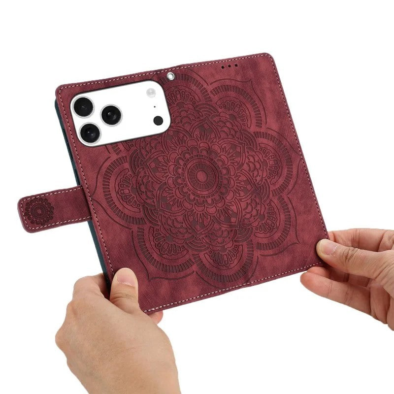 For iPhone 17 Pro Max Case with 2Pcs Tempered Glass WANLONFENG MTL Series Mandala Leather Phone Cover - Red
