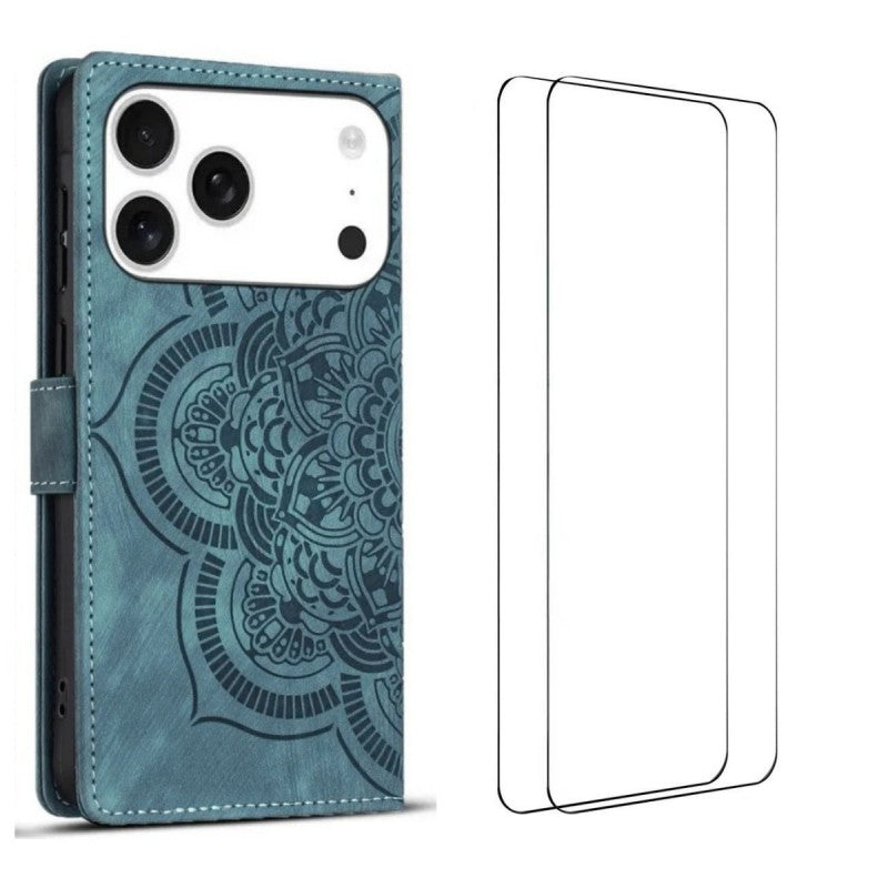 For iPhone 17 Pro Max Case with 2Pcs Tempered Glass WANLONFENG MTL Series Mandala Leather Phone Cover - Blue
