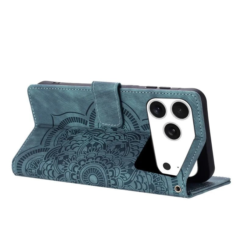 For iPhone 17 Pro Max Case with 2Pcs Tempered Glass WANLONFENG MTL Series Mandala Leather Phone Cover - Blue