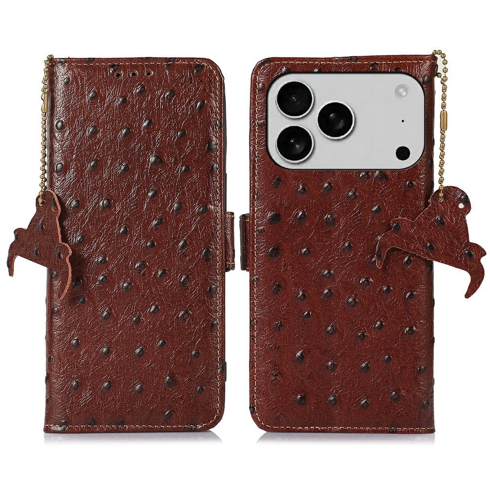 For iPhone 17 Pro Max Case RFID Blocking Genuine Cow Leather Phone Case Ostrich Texture - Coffee