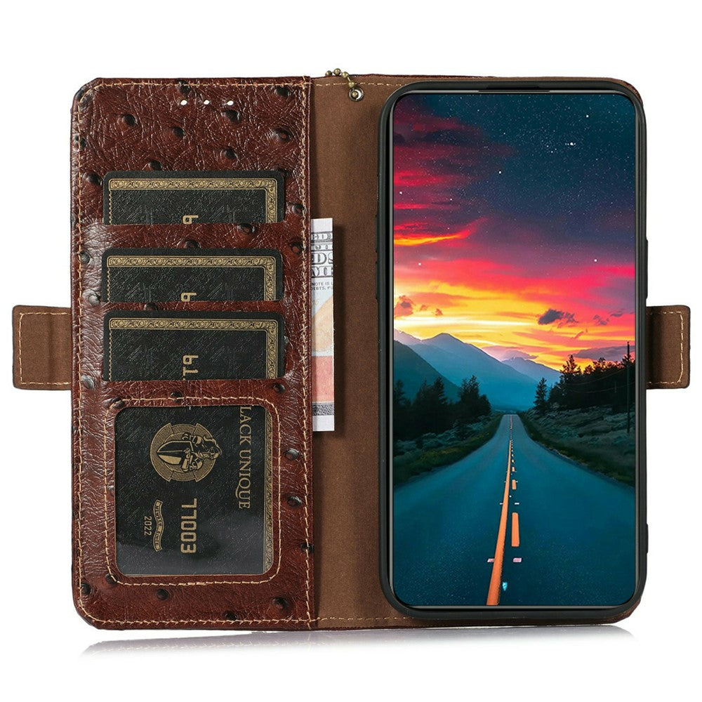 For iPhone 17 Pro Max Case RFID Blocking Genuine Cow Leather Phone Case Ostrich Texture - Coffee
