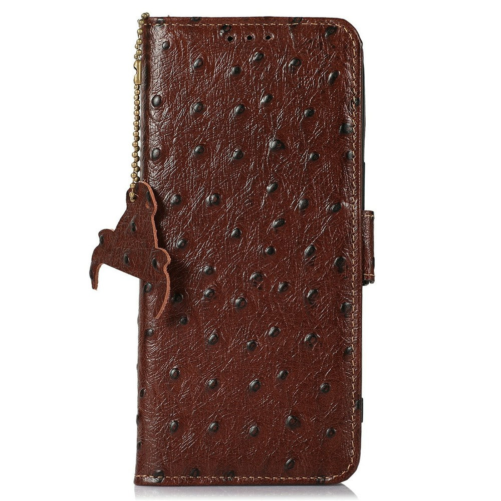 For iPhone 17 Pro Max Case RFID Blocking Genuine Cow Leather Phone Case Ostrich Texture - Coffee