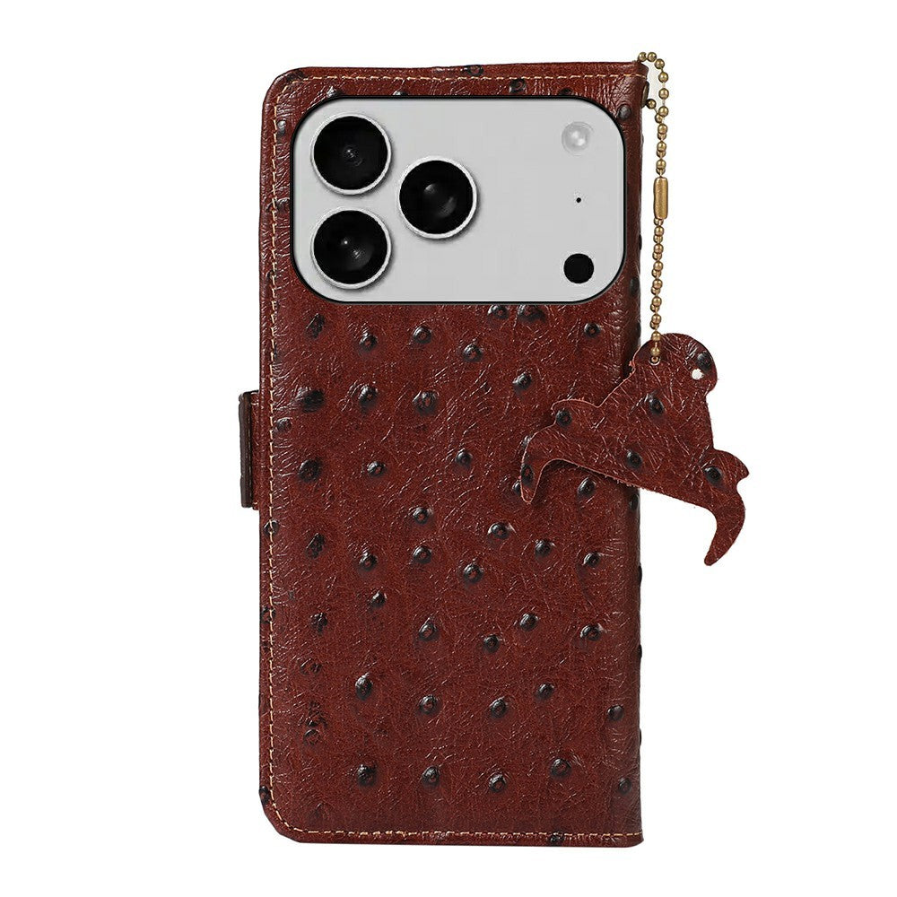 For iPhone 17 Pro Max Case RFID Blocking Genuine Cow Leather Phone Case Ostrich Texture - Coffee