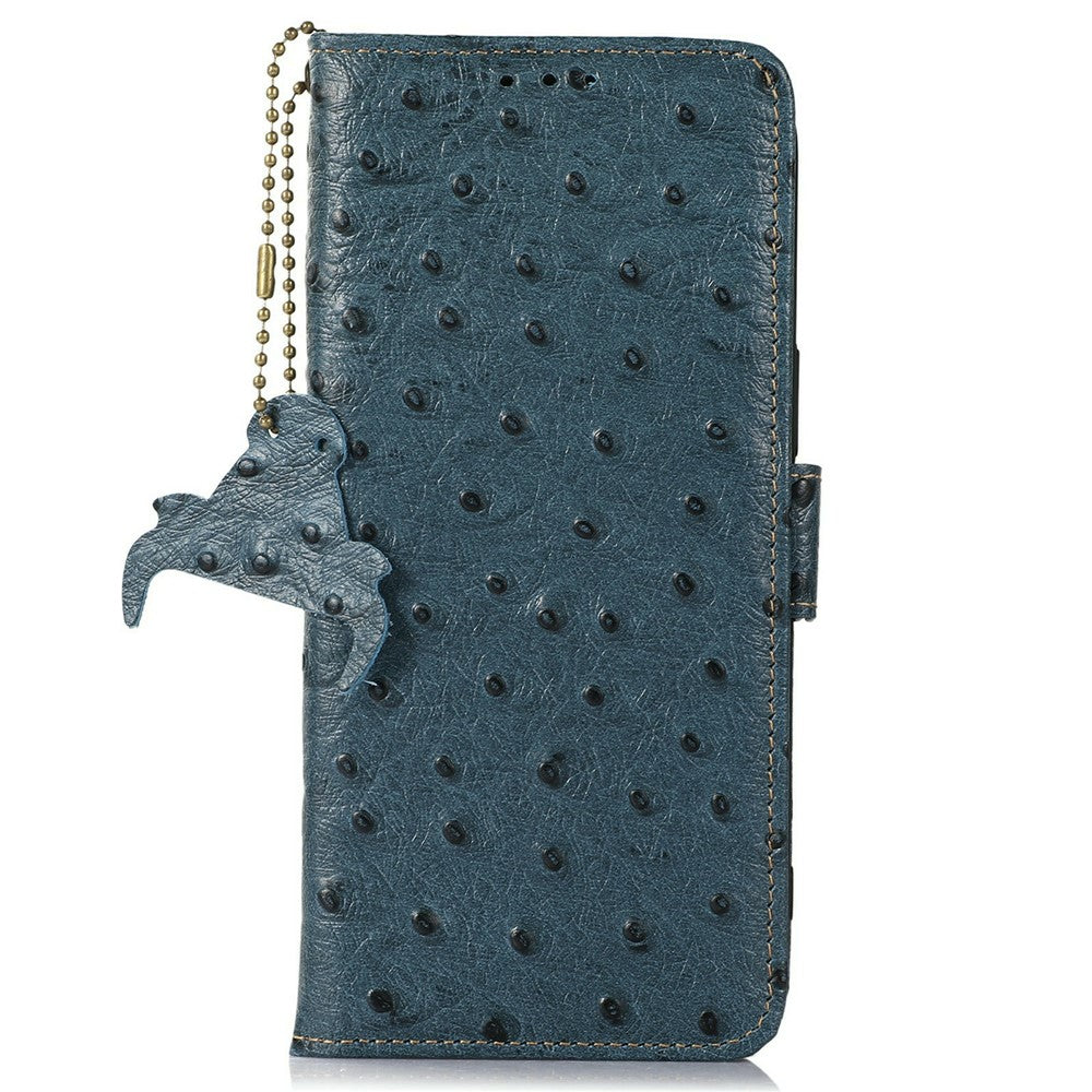 For iPhone 17 Pro Max Case RFID Blocking Genuine Cow Leather Phone Case Ostrich Texture - Blue