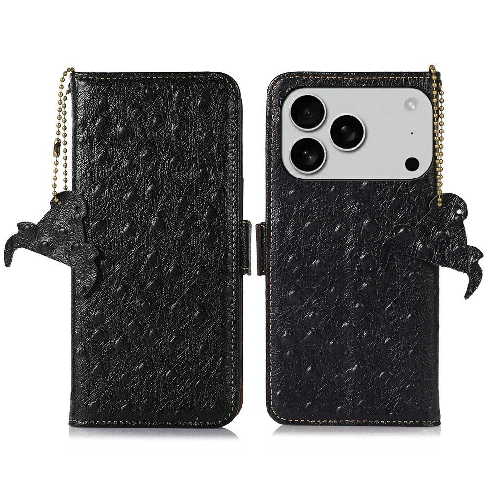 For iPhone 17 Pro Max Case RFID Blocking Genuine Cow Leather Phone Case Ostrich Texture - Black