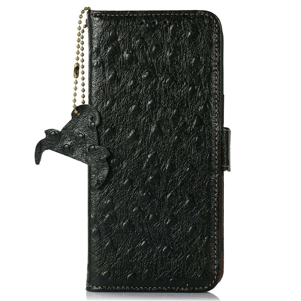 For iPhone 17 Pro Max Case RFID Blocking Genuine Cow Leather Phone Case Ostrich Texture - Black