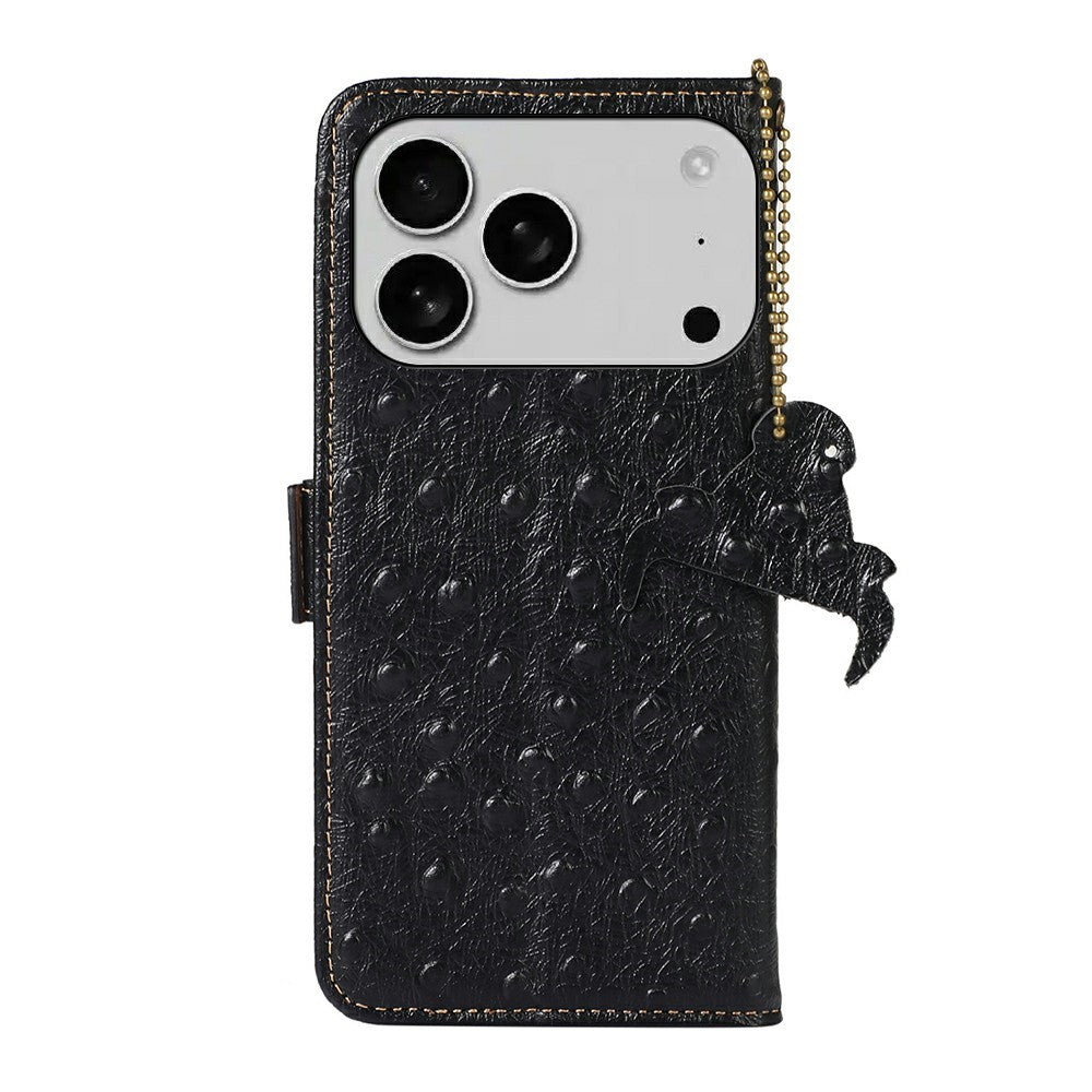 For iPhone 17 Pro Max Case RFID Blocking Genuine Cow Leather Phone Case Ostrich Texture - Black