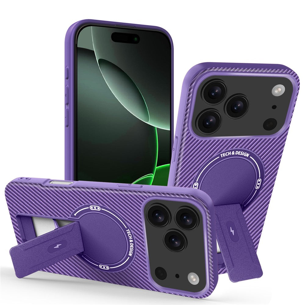 For iPhone 17 Pro Max Case with Kickstand Carbon Fiber Texture PC + TPU Phone Cover - Purple