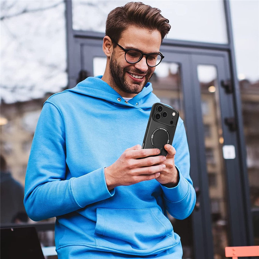 For iPhone 17 Pro Max Case with Kickstand Carbon Fiber Texture PC + TPU Phone Cover - Purple