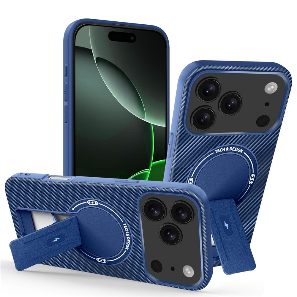 For iPhone 17 Pro Max Case with Kickstand Carbon Fiber Texture PC + TPU Phone Cover - Blue