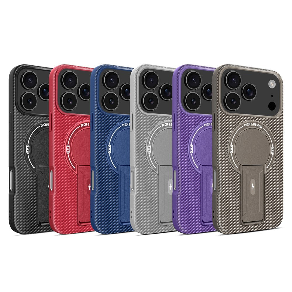 For iPhone 17 Pro Max Case with Kickstand Carbon Fiber Texture PC + TPU Phone Cover - Blue