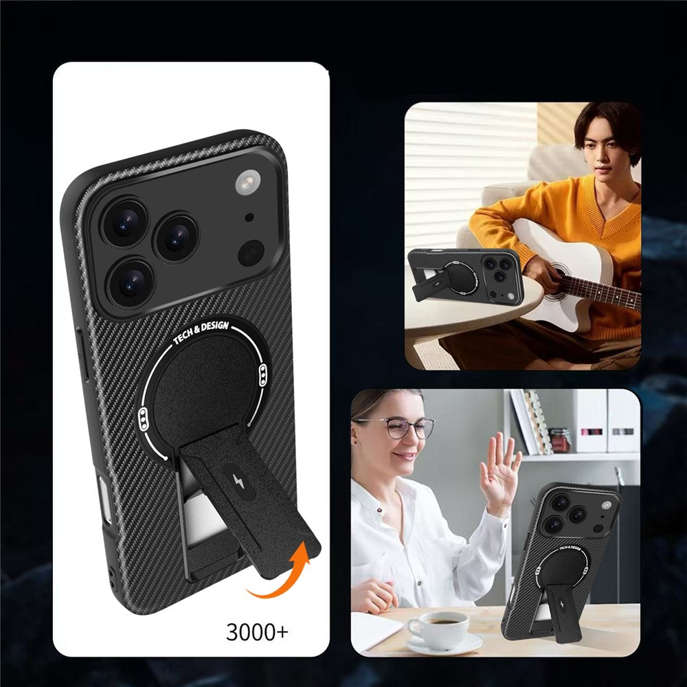 For iPhone 17 Pro Max Case with Kickstand Carbon Fiber Texture PC + TPU Phone Cover - Grey