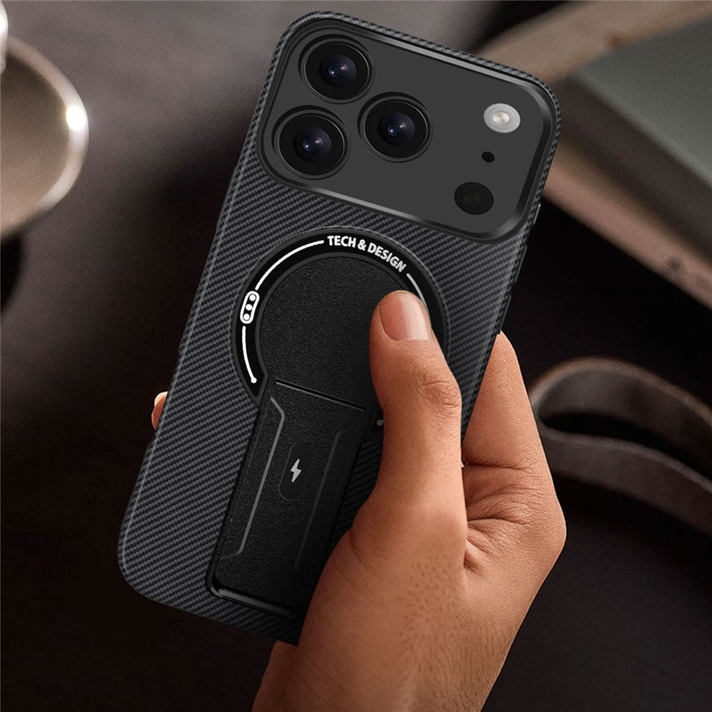 For iPhone 17 Pro Max Case with Kickstand Carbon Fiber Texture PC + TPU Phone Cover - Grey