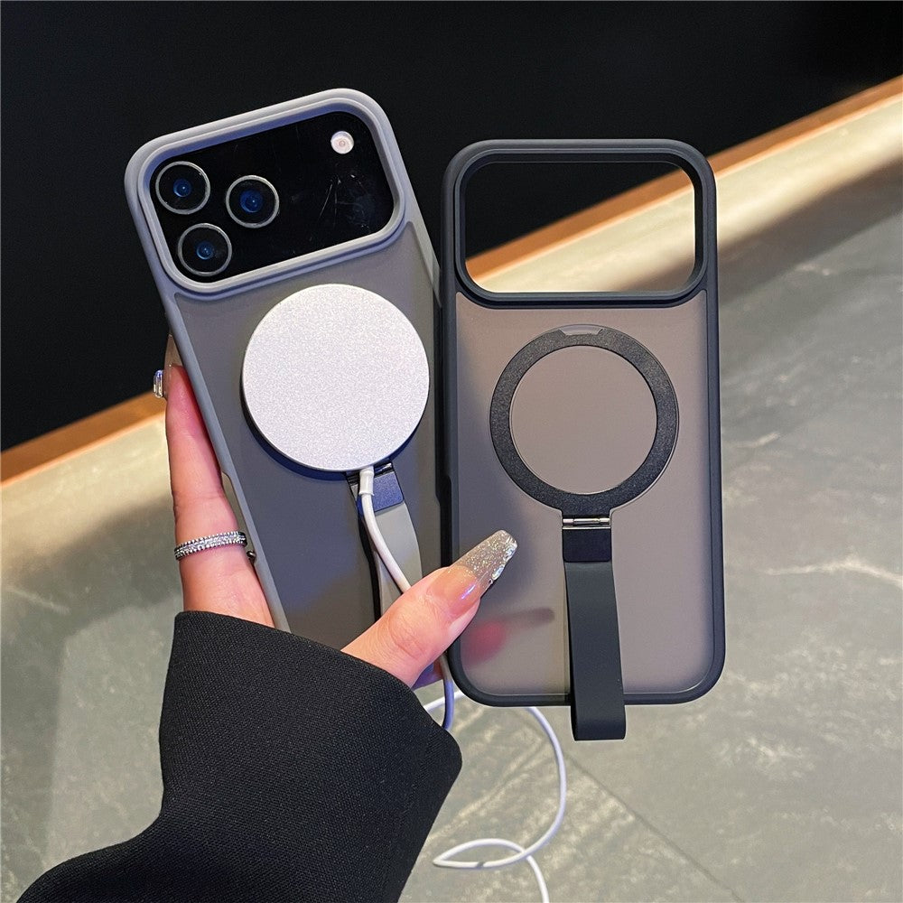 For iPhone 17 Pro Max Case TPU PC Phone Back Cover with Integrated Lanyard Metal Ring Kickstand - Titanium Grey