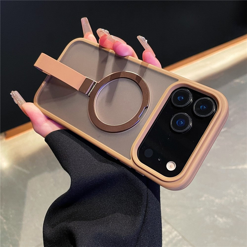 For iPhone 17 Pro Max Case TPU PC Phone Back Cover with Integrated Lanyard Metal Ring Kickstand - Desert Gold