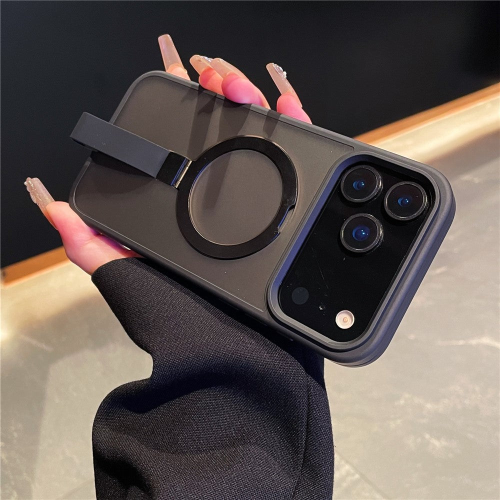 For iPhone 17 Pro Max Case TPU PC Phone Back Cover with Integrated Lanyard Metal Ring Kickstand - Black