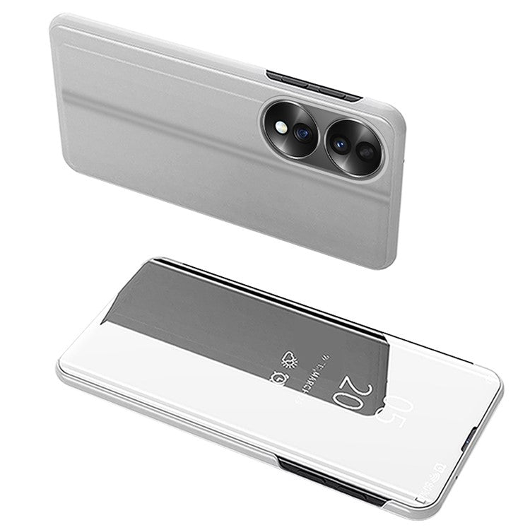 For Honor 70 5G PU Leather Mirror Surface Electroplating Cover View Window Full Body Protective Phone Stand Case - Silver