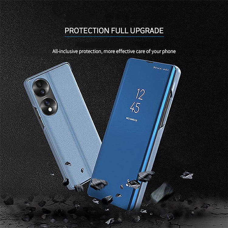 For Honor 70 5G PU Leather Mirror Surface Electroplating Cover View Window Full Body Protective Phone Stand Case - Silver