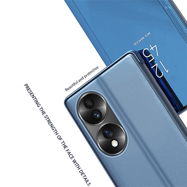 For Honor 70 5G PU Leather Mirror Surface Electroplating Cover View Window Full Body Protective Phone Stand Case - Silver