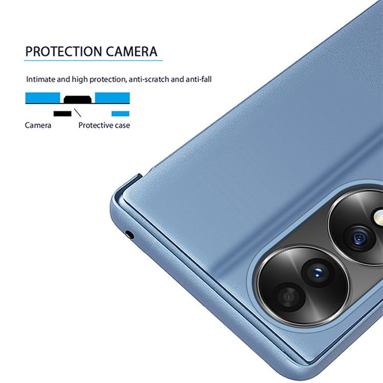 For Honor 70 5G PU Leather Mirror Surface Electroplating Cover View Window Full Body Protective Phone Stand Case - Silver