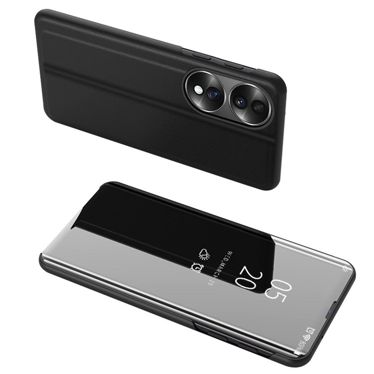 For Honor 70 5G PU Leather Mirror Surface Electroplating Cover View Window Full Body Protective Phone Stand Case - Black