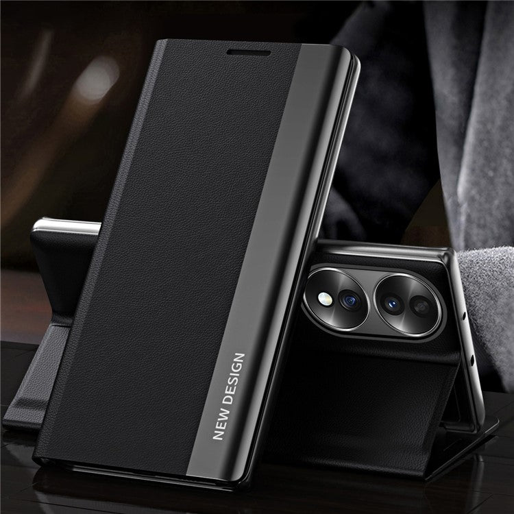 For Honor 70 5G Electroplating PU Leather Flip Stand Cover Auto Adsorption Phone Drop-proof Case - Black