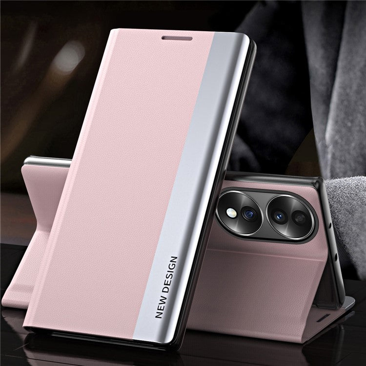 For Honor 70 5G Electroplating PU Leather Flip Stand Cover Auto Adsorption Phone Drop-proof Case - Pink
