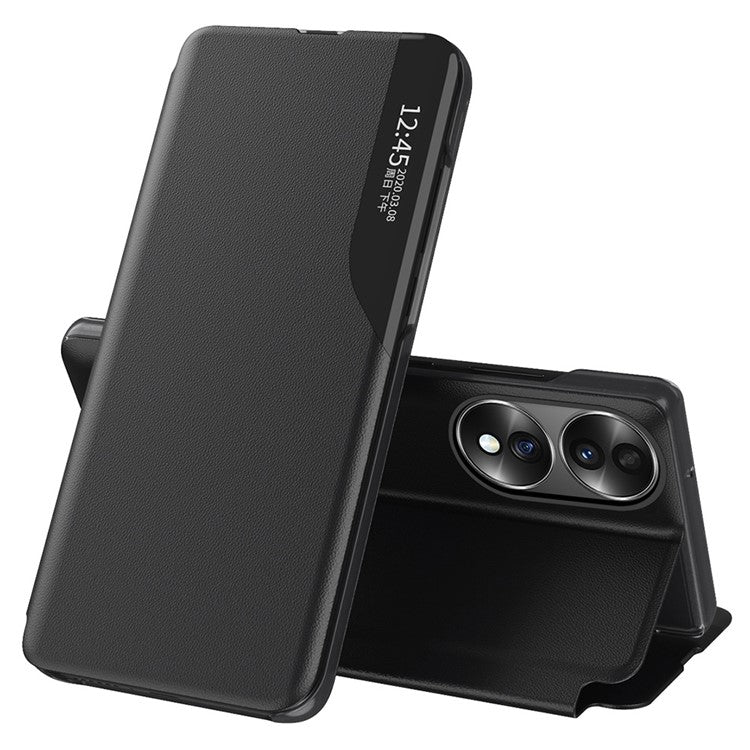 For Honor 70 5G PU Leather View Window Phone Stand Case Shockproof Phone Cover - Black