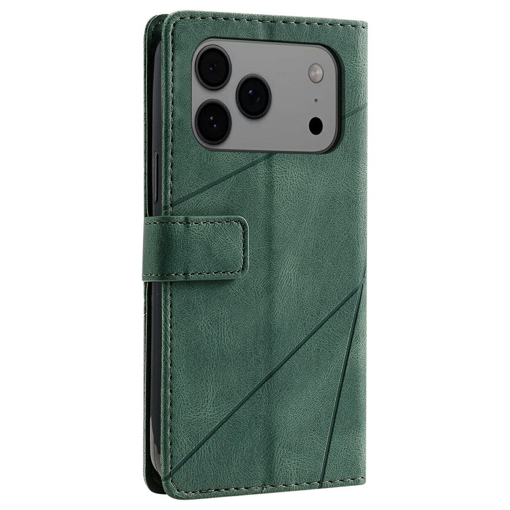 For iPhone 17 Pro Max Case Imprinted Lines PU Leather Splicing Wallet Phone Cover - Green