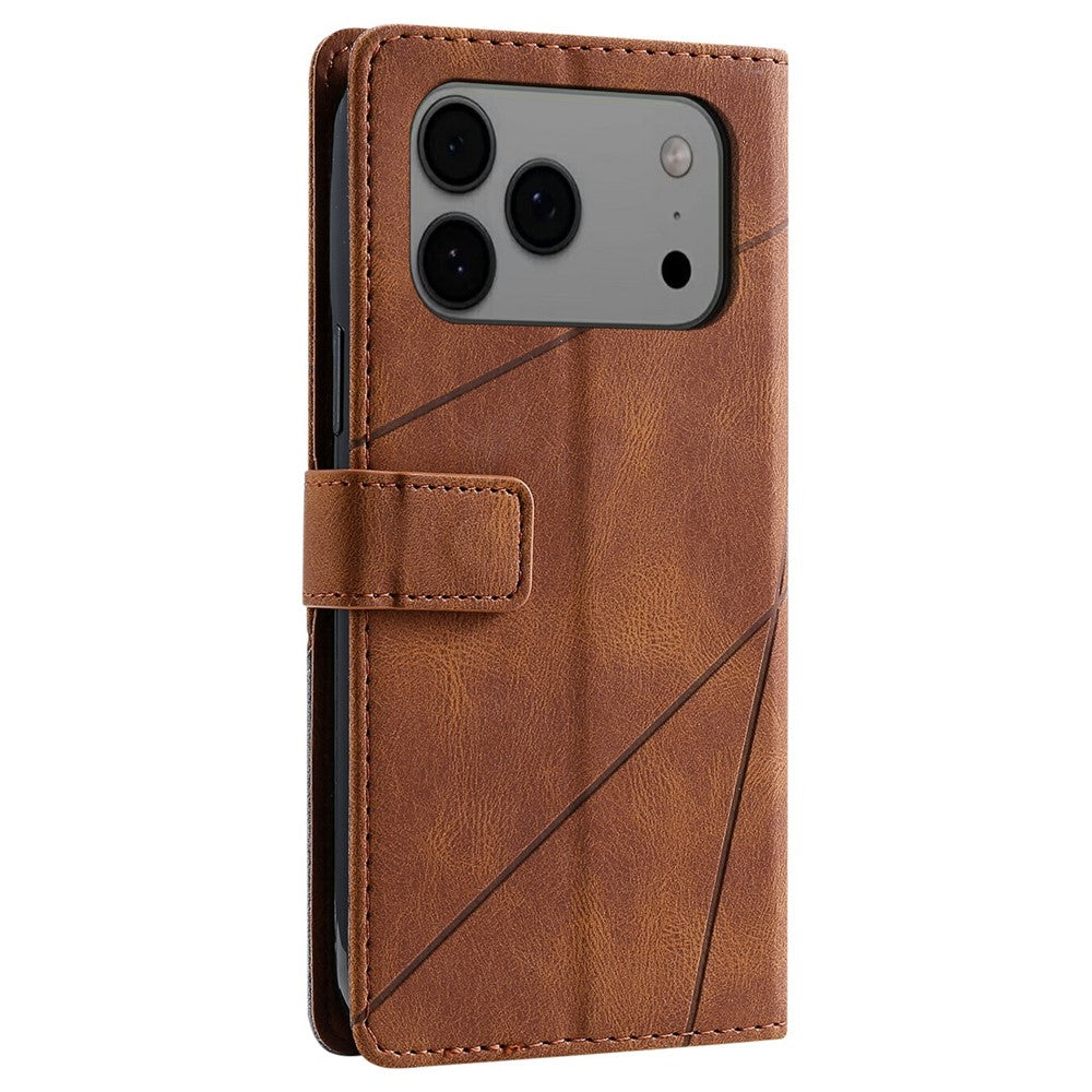 For iPhone 17 Pro Max Case Imprinted Lines PU Leather Splicing Wallet Phone Cover - Brown