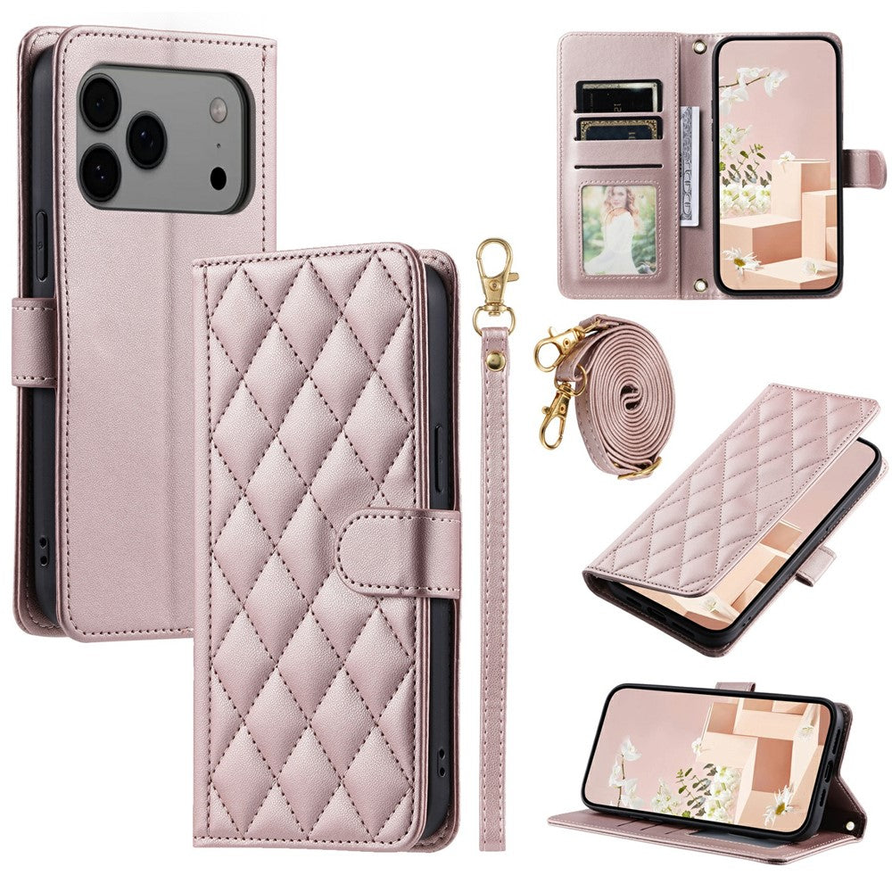 For iPhone 17 Pro Max Case Wallet Rhombus Grid PU Leather Phone Cover - Rose Gold