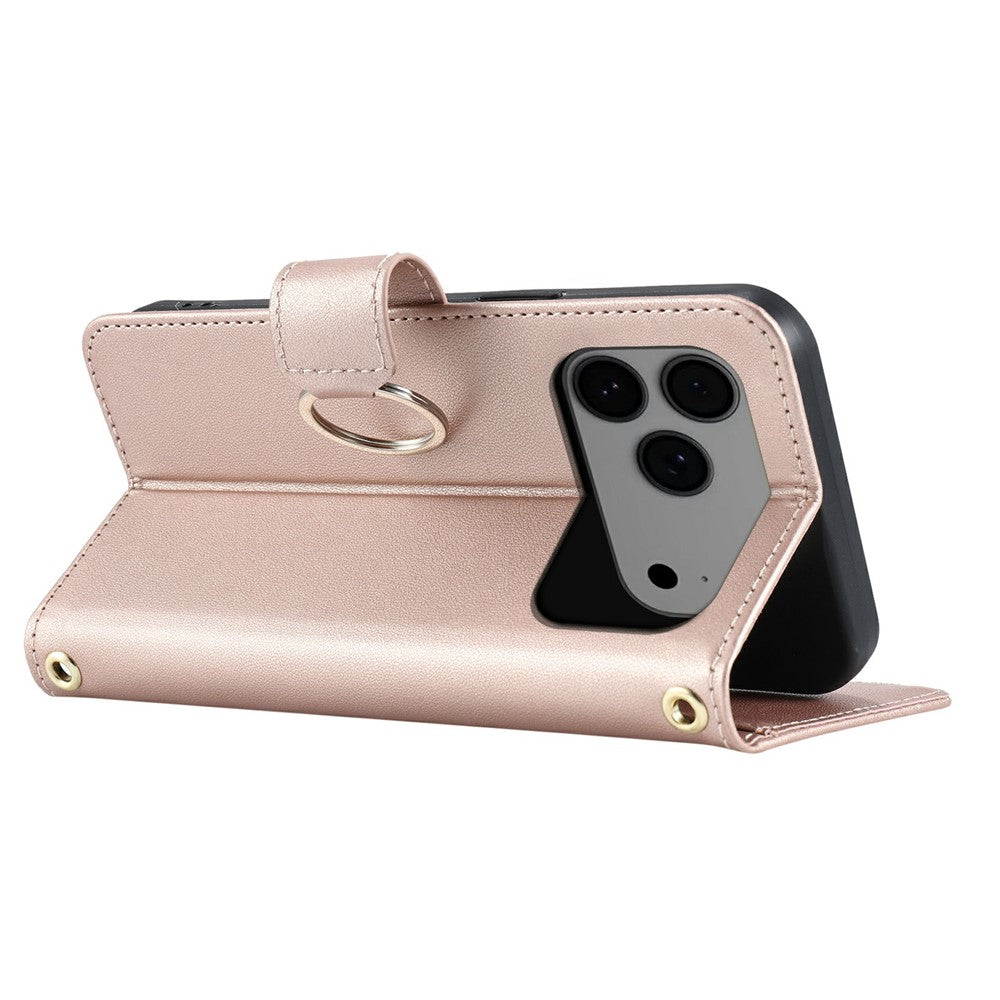 For iPhone 17 Pro Max Case Ring Buckle Wallet Stand Rhombus Crossbody Leather Mobile Cover - Rose Gold