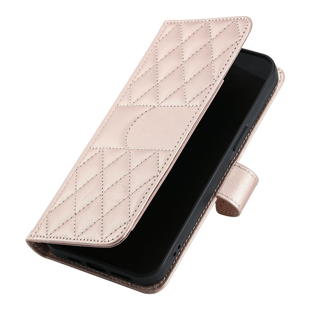 For iPhone 17 Pro Max Case Ring Buckle Wallet Stand Rhombus Crossbody Leather Mobile Cover - Rose Gold