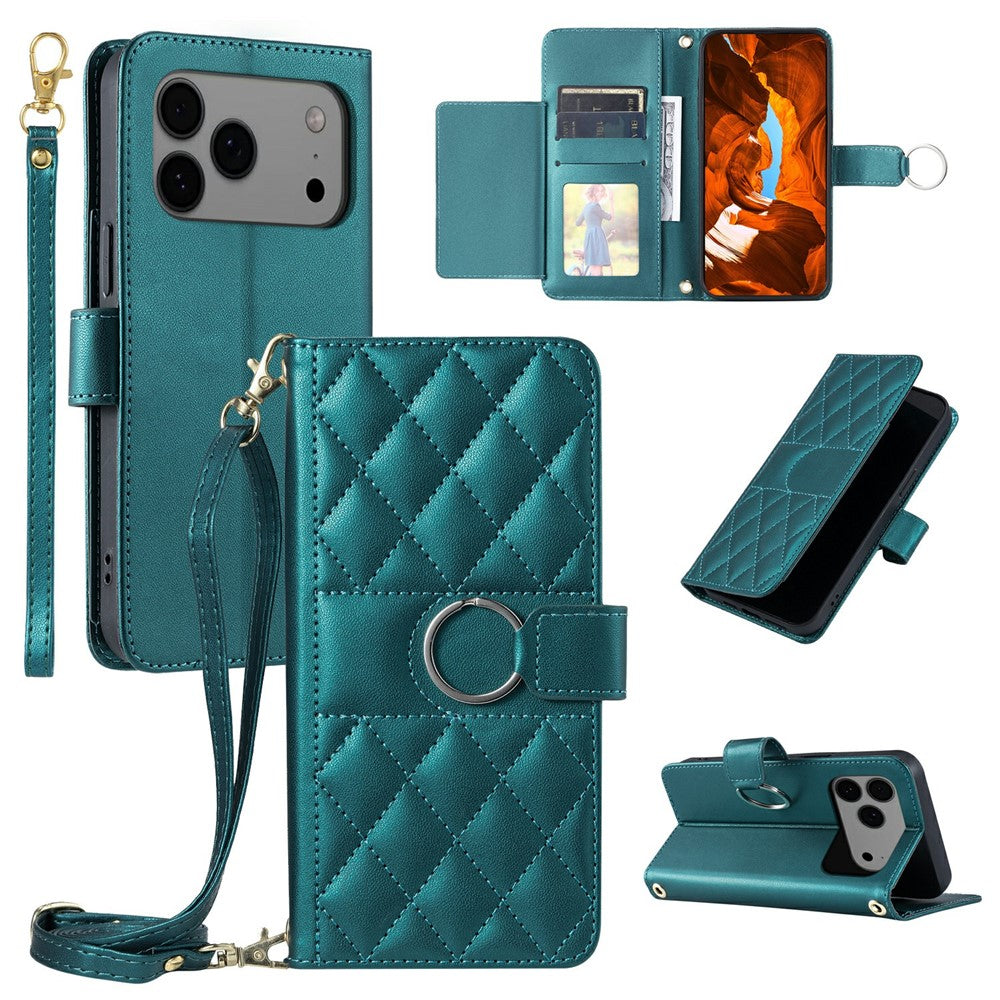 For iPhone 17 Pro Max Case Ring Buckle Wallet Stand Rhombus Crossbody Leather Mobile Cover - Green